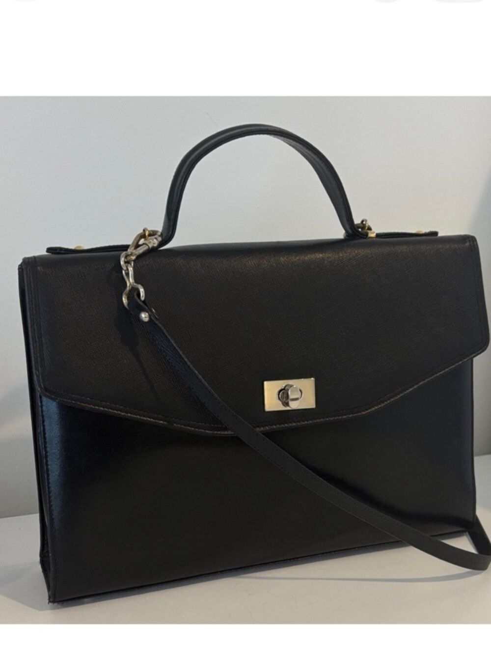 JANE SHILTON vintage purse leather satchel handbag pockets turn lock black